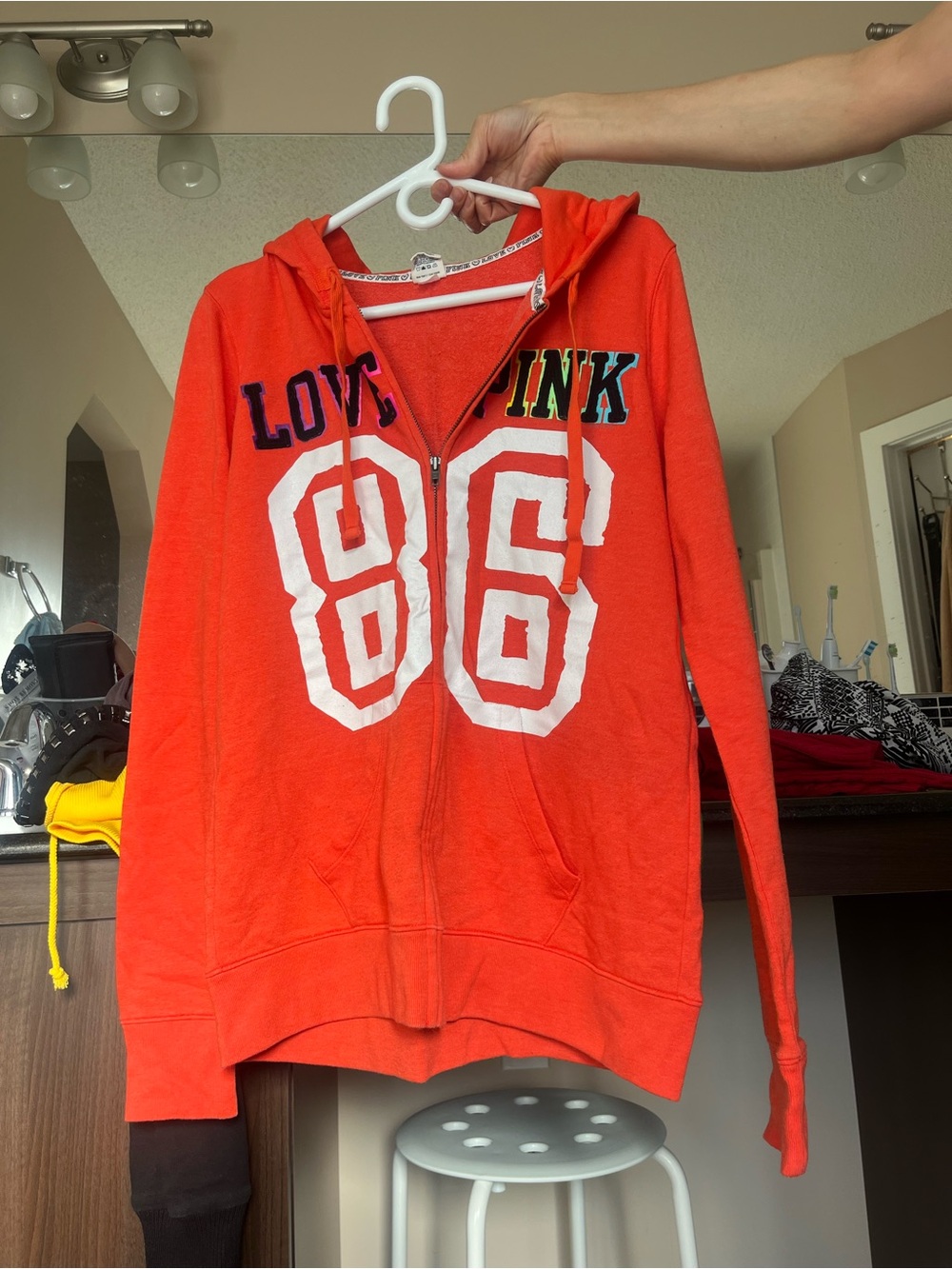 Vintage PINK Victoria's Secret Orange Zip-Up Hoodie with White '86' Graphic